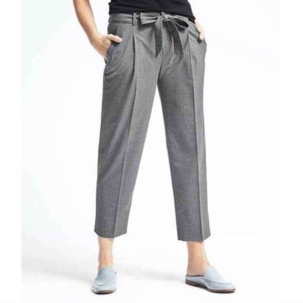 Banana Republic Gray Pinstripe Cropped Trousers with Tie Waist